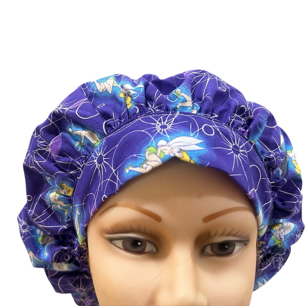 Operating room scrub hat bouffant style .Theme is Tinkerbell in dark purple